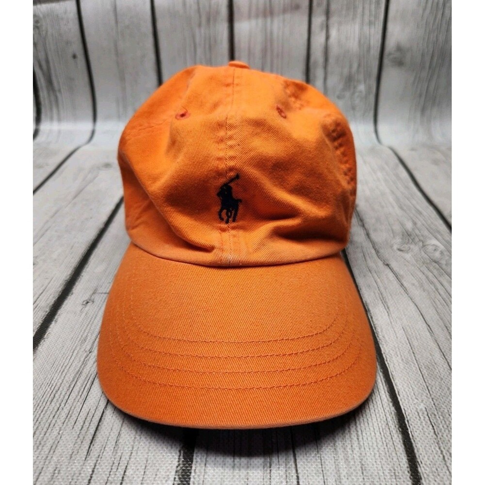 Polo Ralph Lauren Chino Baseball Cap Hat Orange Leather Strap Vintage Pony